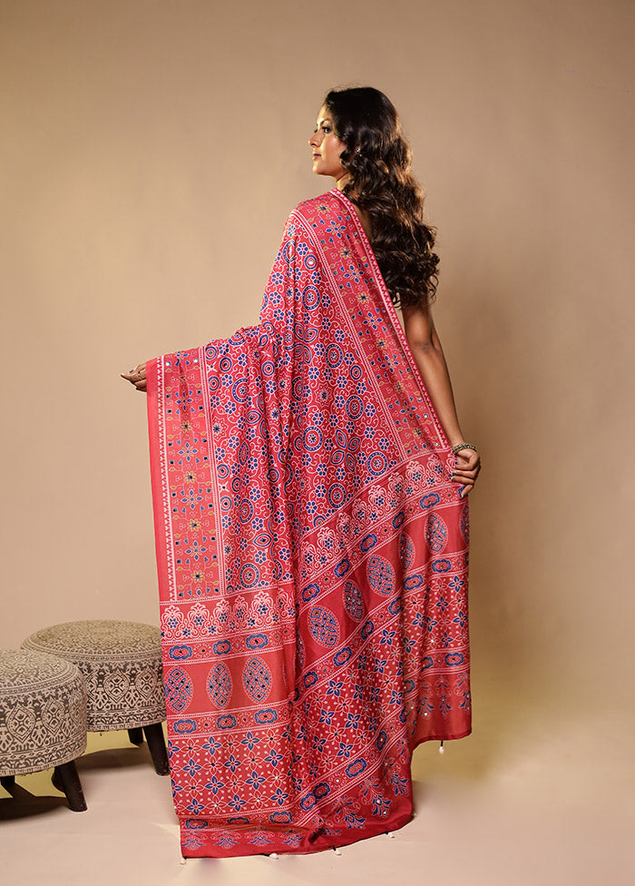 Pink Printed Silk Saree Without Blouse Piece