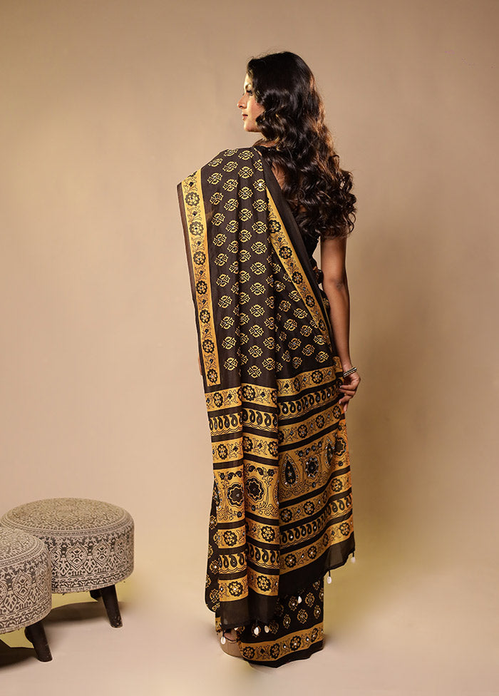 Black Printed Silk Saree Without Blouse Piece