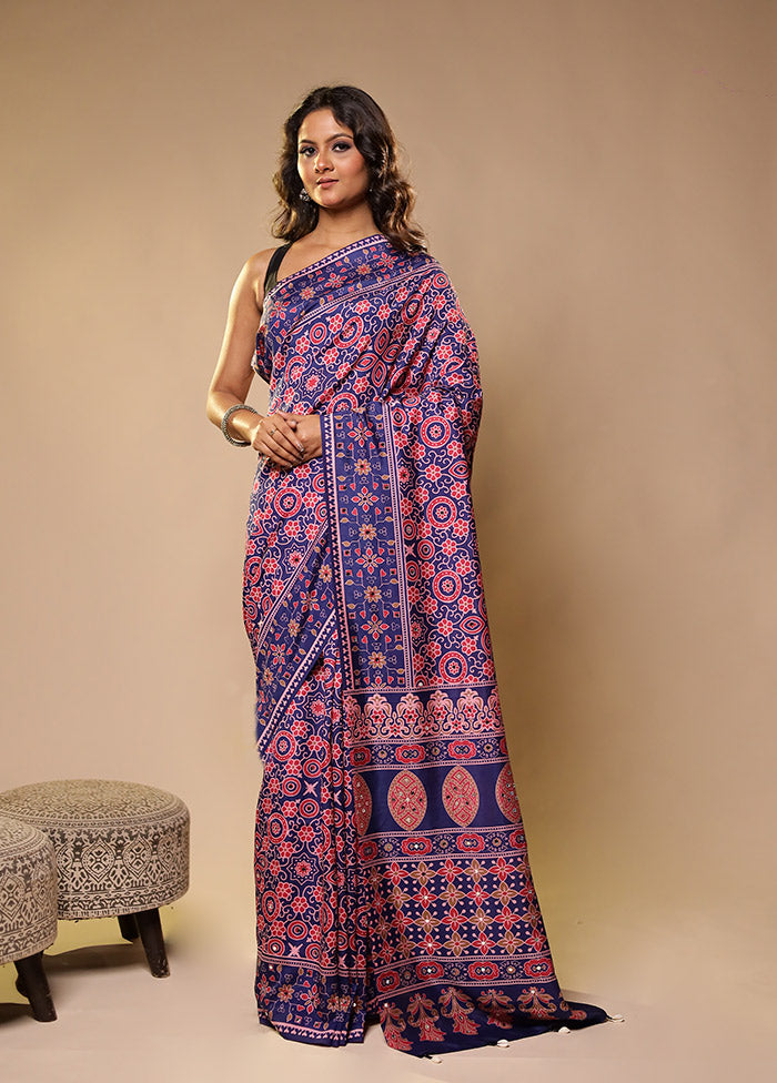 Blue Printed Silk Saree Without Blouse Piece