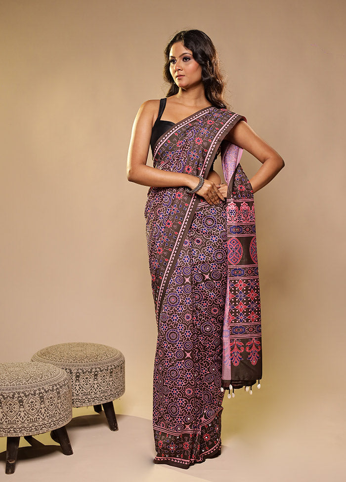 Brown Printed Silk Saree Without Blouse Piece