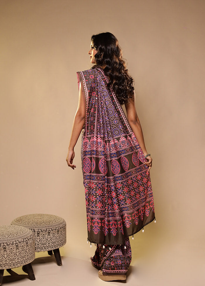 Brown Printed Silk Saree Without Blouse Piece