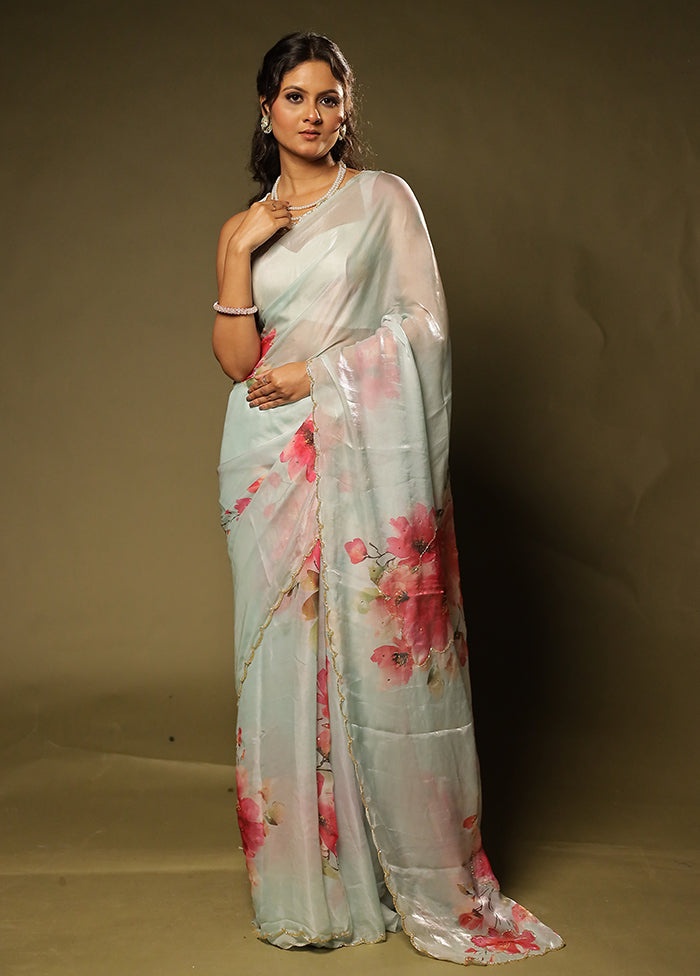 Blue Organza Saree With Blouse Piece