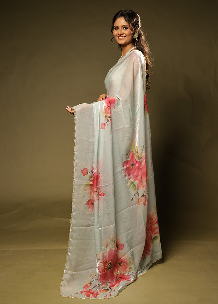 Blue Organza Saree With Blouse Piece