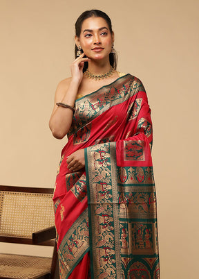 Red Baluchari Silk Saree With Blouse Piece