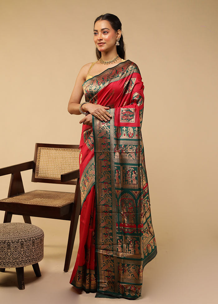Red Baluchari Silk Saree With Blouse Piece