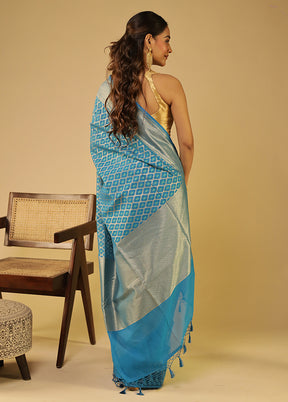 Blue Kora Silk Saree With Blouse Piece