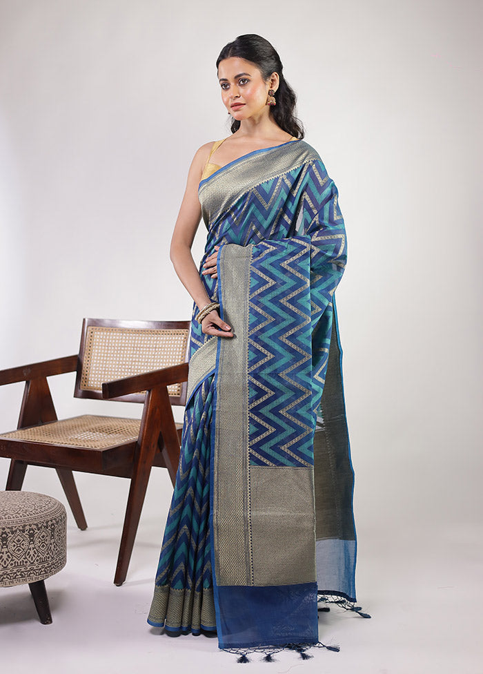 Blue Kora Silk Saree With Blouse Piece