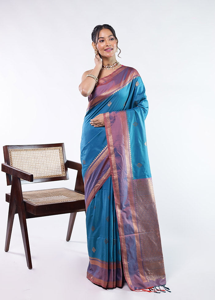 Blue Kanjivaram Silk Saree With Blouse Piece