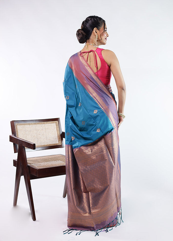 Blue Kanjivaram Silk Saree With Blouse Piece