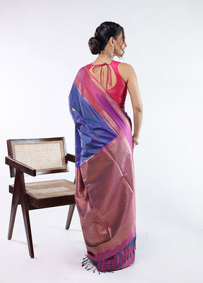 Blue Kanjivaram Silk Saree With Blouse Piece
