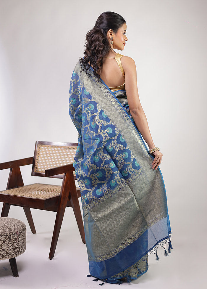 Blue Kora Silk Saree With Blouse Piece