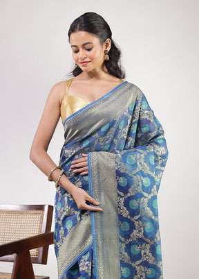Blue Kora Silk Saree With Blouse Piece