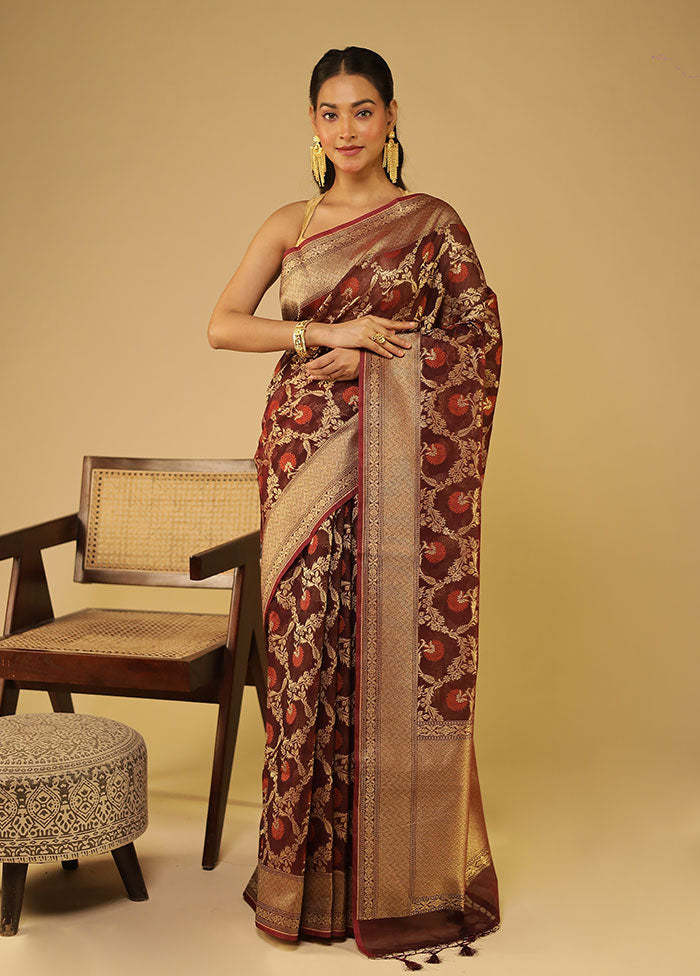 Maroon Kora Silk Saree With Blouse Piece