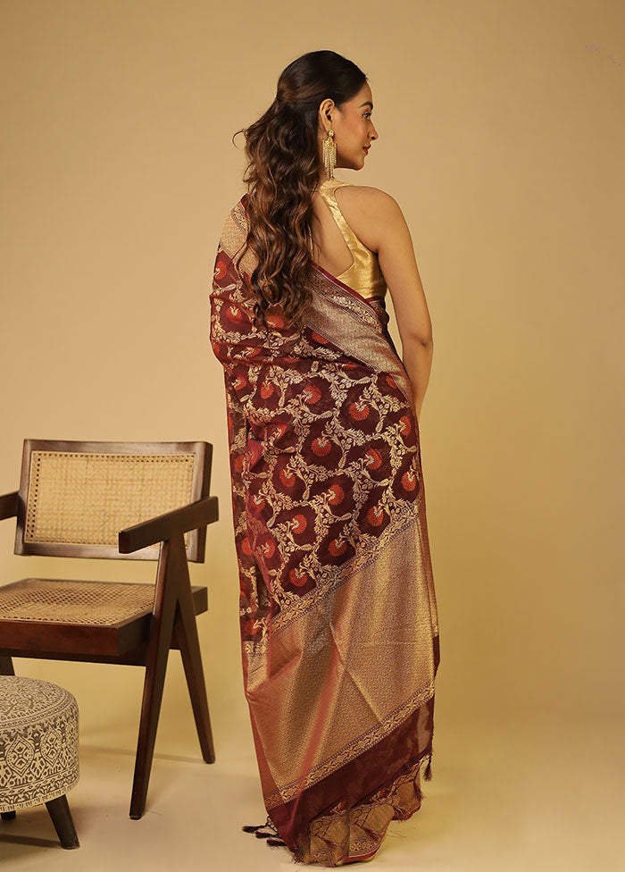 Maroon Kora Silk Saree With Blouse Piece