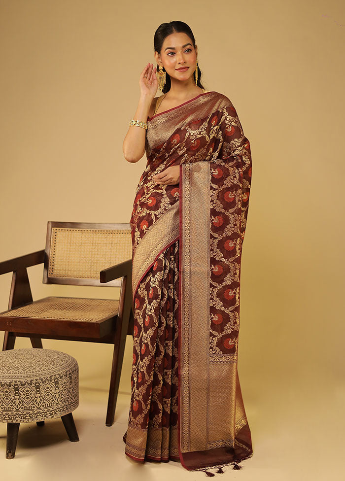 Maroon Kora Silk Saree With Blouse Piece