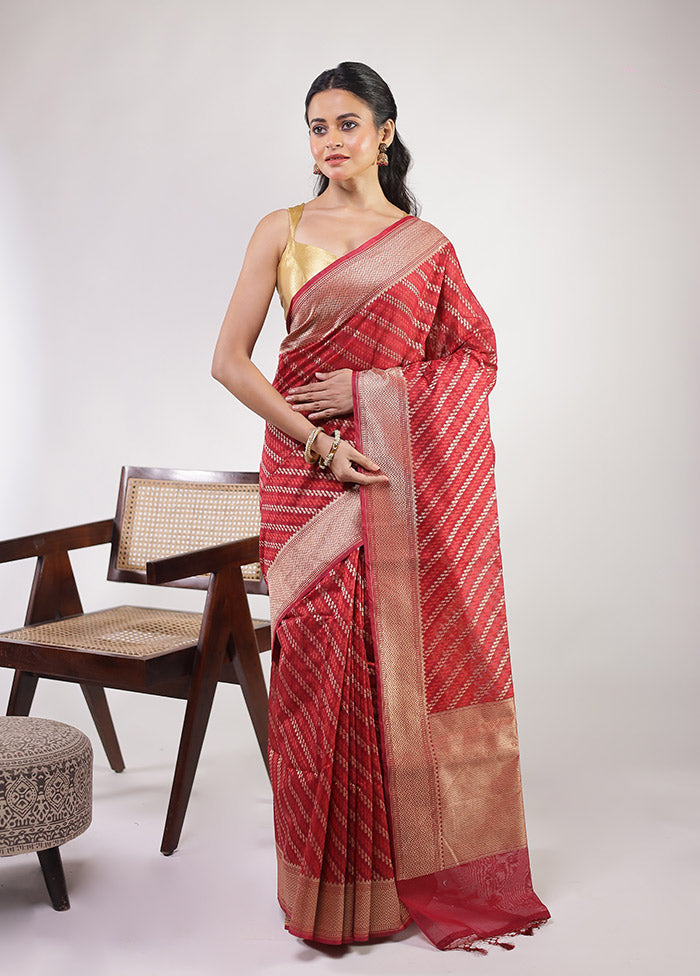 Maroon Kora Silk Saree With Blouse Piece