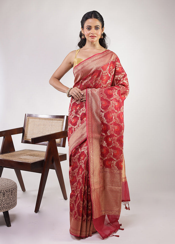 Maroon Kora Silk Saree With Blouse Piece