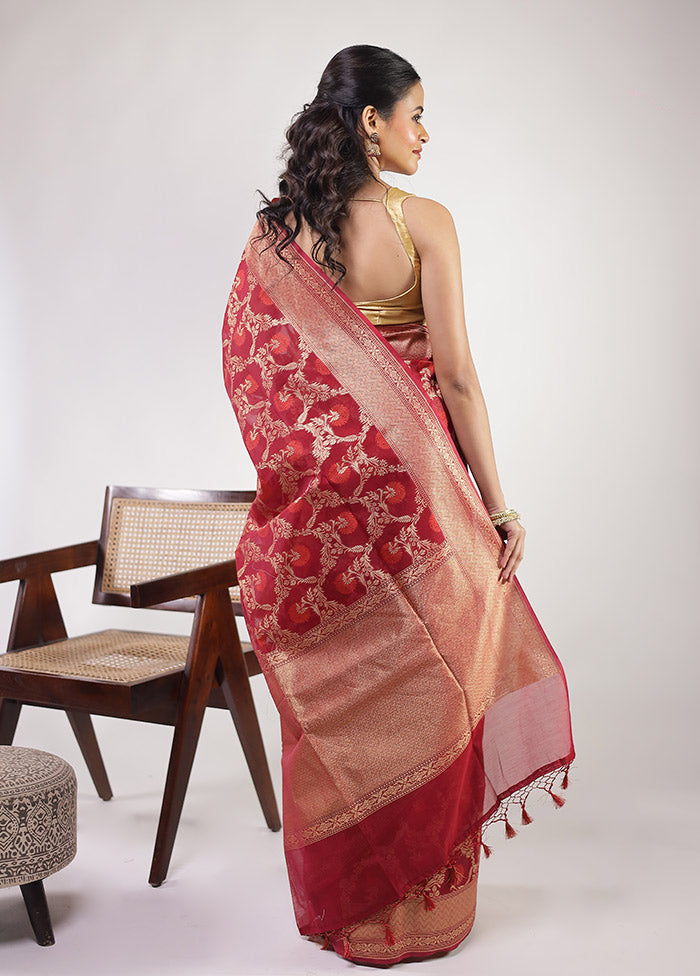 Red Kora Silk Saree With Blouse Piece