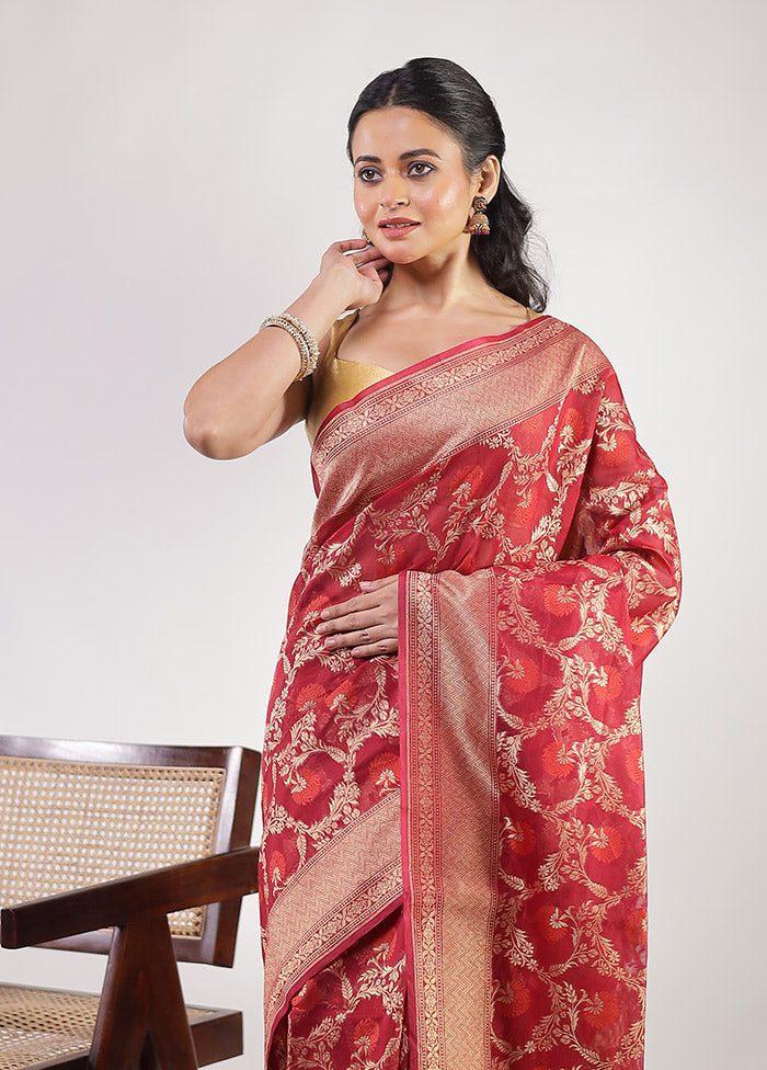 Maroon Kora Silk Saree With Blouse Piece
