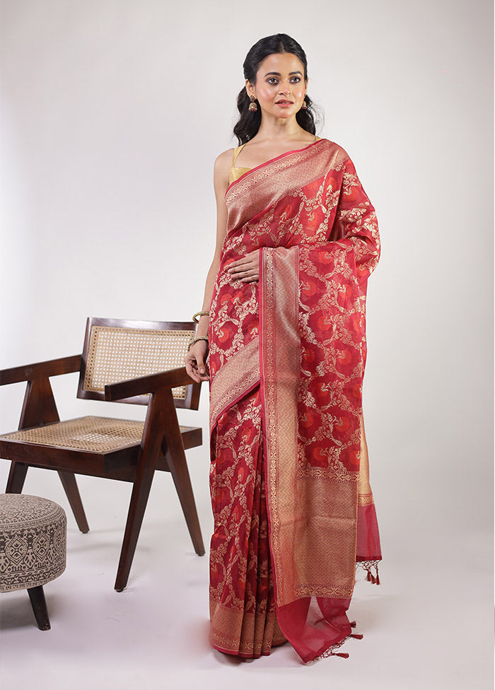 Maroon Kora Silk Saree With Blouse Piece