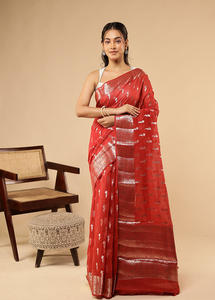 Red Dupion Silk Saree With Blouse Piece
