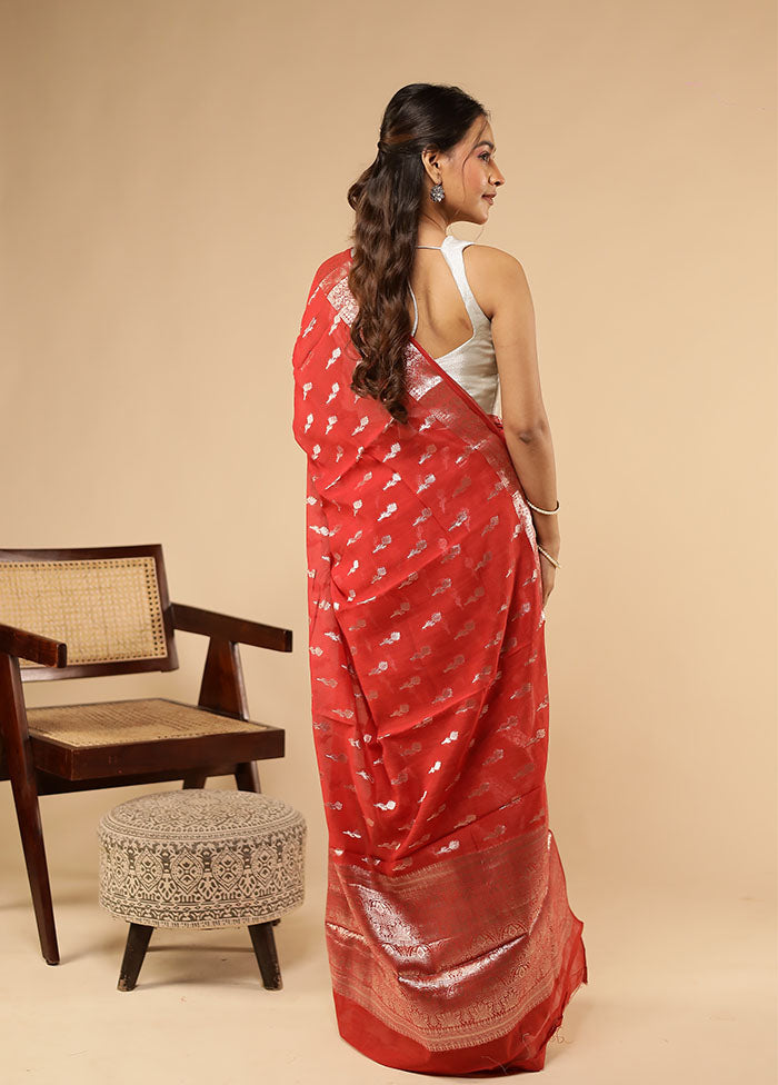 Red Dupion Silk Saree With Blouse Piece