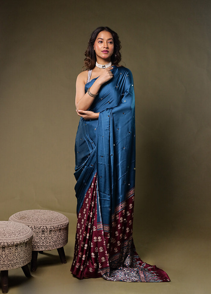 Blue Printed Silk Saree Without Blouse Piece