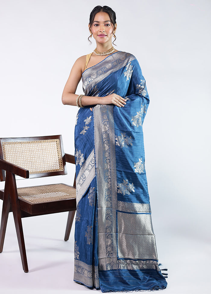 Blue Dupion Silk Saree With Blouse Piece