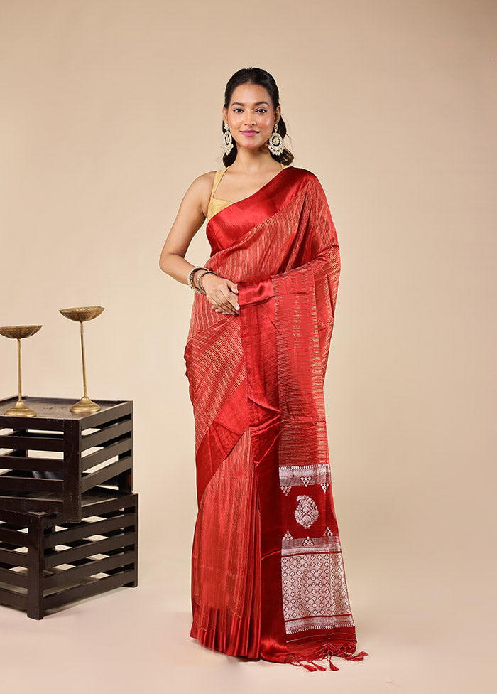Red Dupion Silk Saree With Blouse Piece