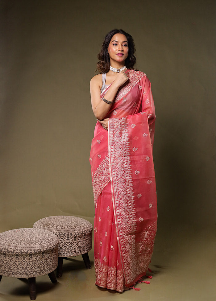 Pink Organza Saree With Blouse Piece