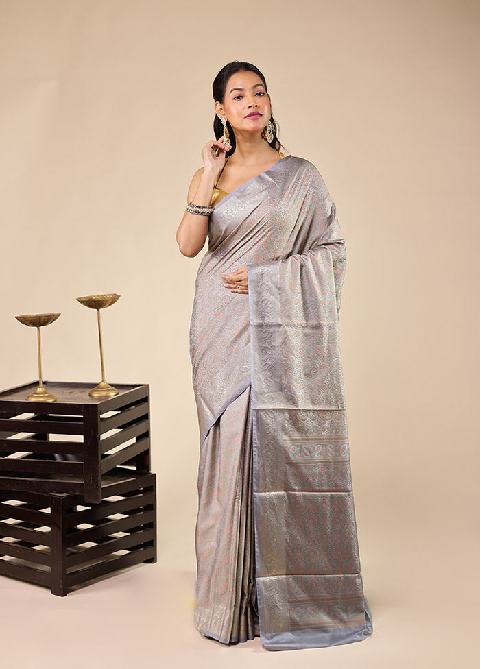 Grey Jamewar Silk Saree With Blouse Piece