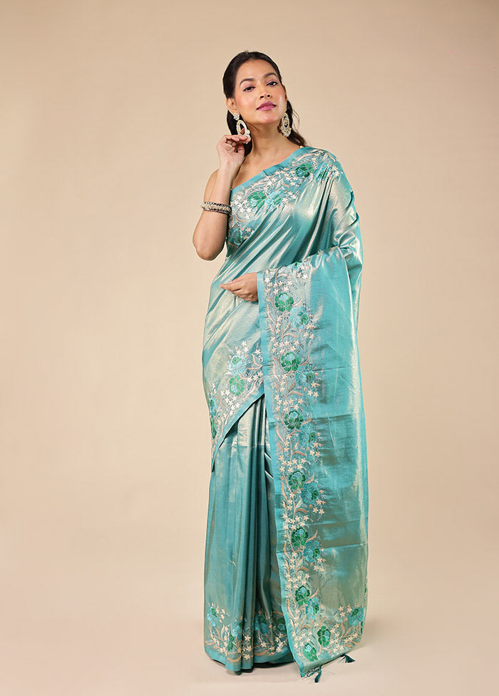Blue Tissue Silk Saree With Blouse Piece