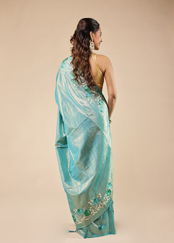 Blue Tissue Silk Saree With Blouse Piece