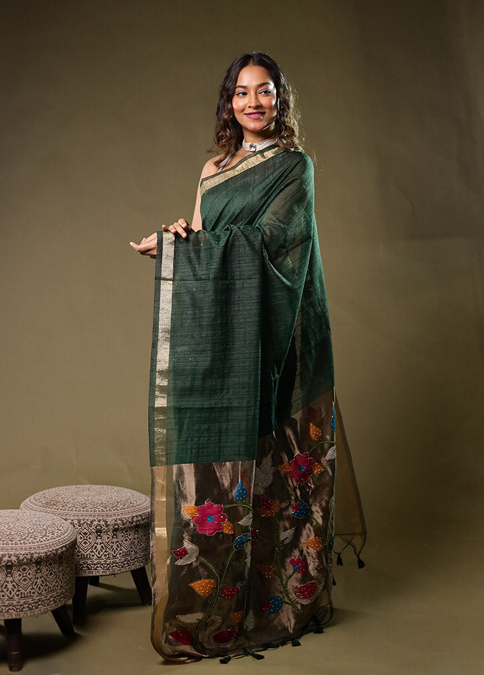 Green Linen Silk Saree With Blouse Piece