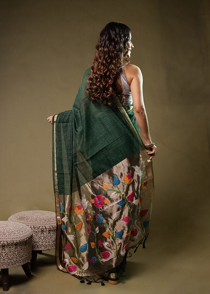 Green Linen Silk Saree With Blouse Piece
