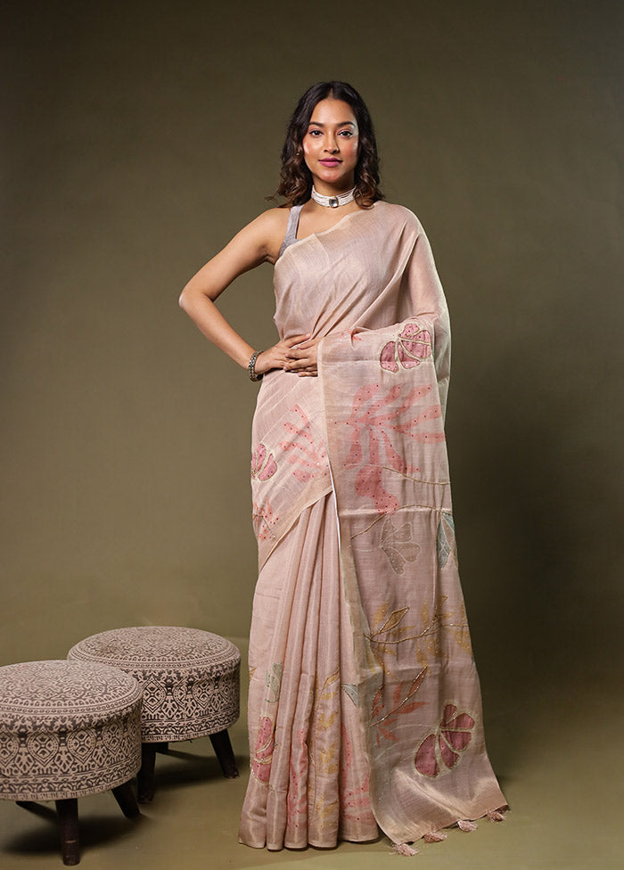 Cream Linen Silk Saree With Blouse Piece
