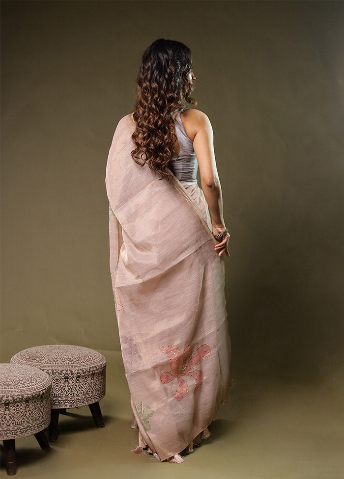Cream Linen Silk Saree With Blouse Piece