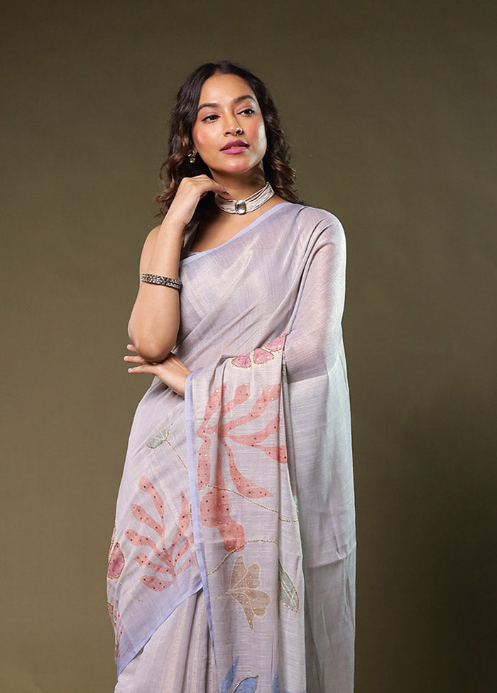 White Linen Silk Saree With Blouse Piece