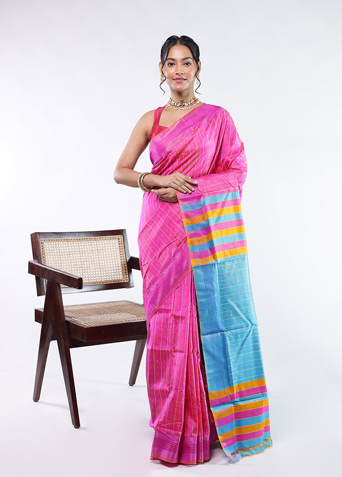 Pink kalakshetra Pure Silk Saree With Blouse Piece