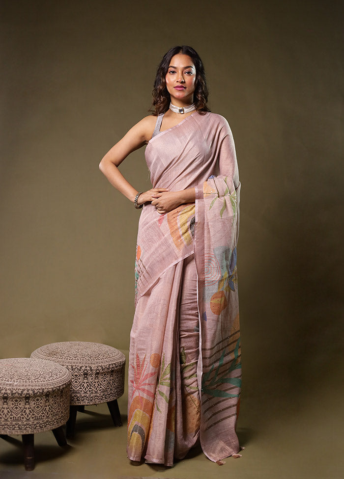 Pink Linen Silk Saree With Blouse Piece