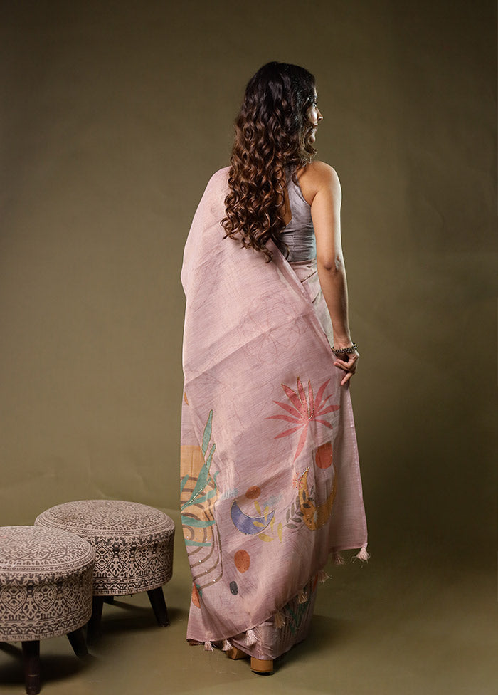 Pink Linen Silk Saree With Blouse Piece