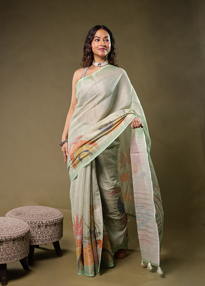 White Linen Silk Saree With Blouse Piece