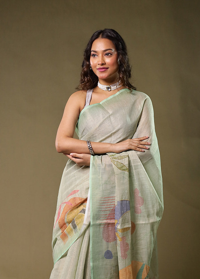 White Linen Silk Saree With Blouse Piece