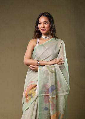 White Linen Silk Saree With Blouse Piece