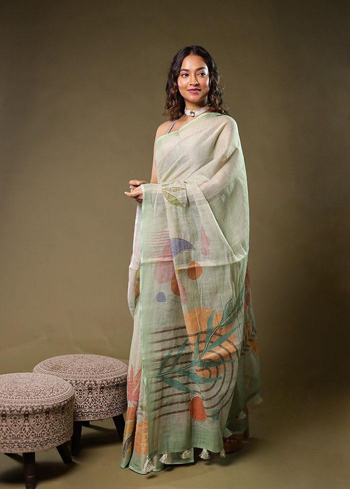 White Linen Silk Saree With Blouse Piece