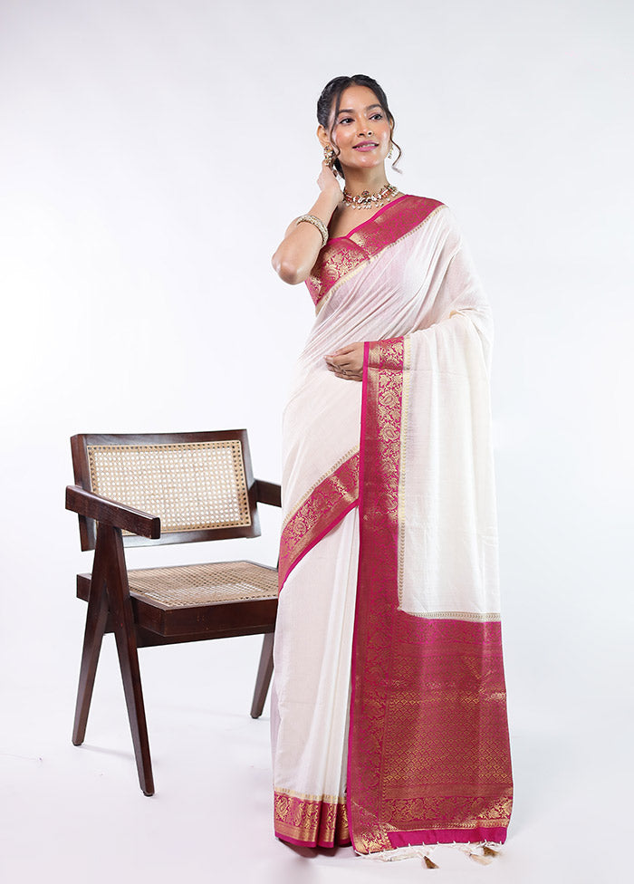 White Dupion Silk Saree With Blouse Piece