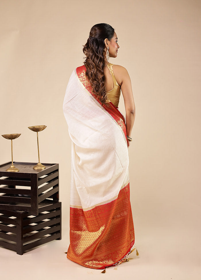 White Dupion Silk Saree With Blouse Piece