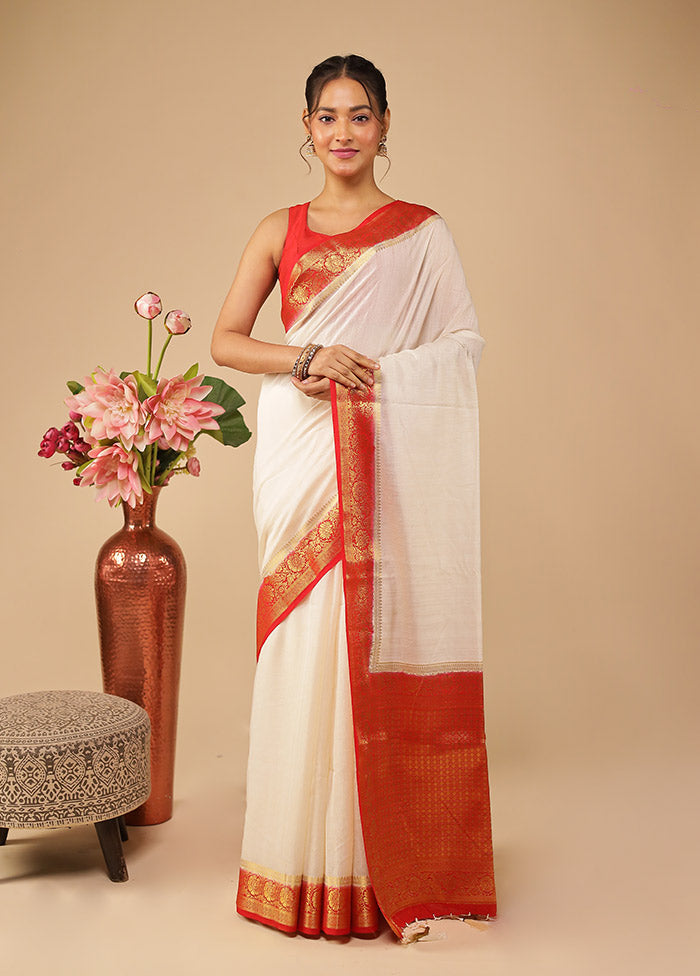White Dupion Silk Saree With Blouse Piece