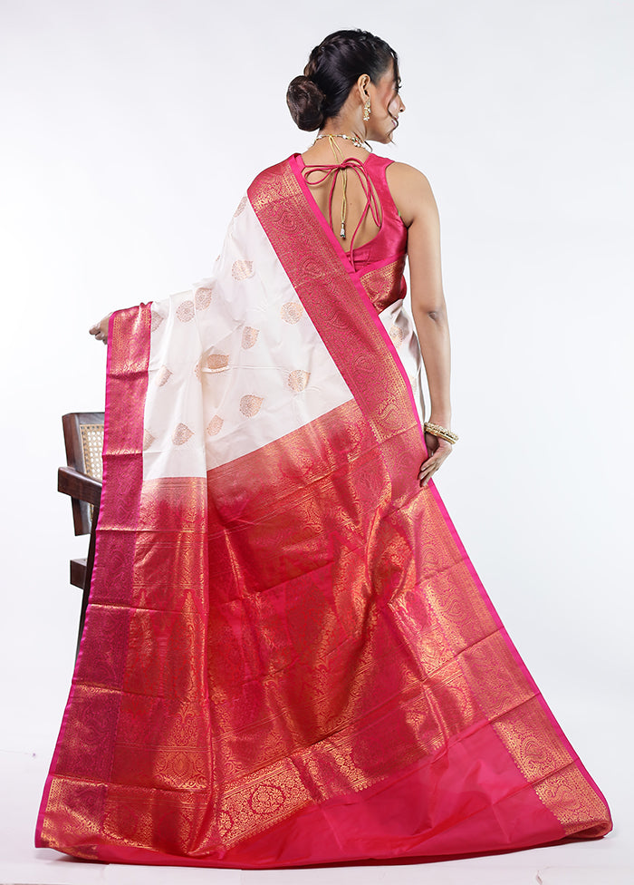 White Kanjivaram Silk Saree With Blouse Piece