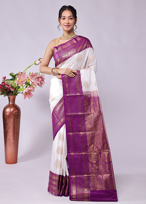 White Kanjivaram Silk Saree With Blouse Piece